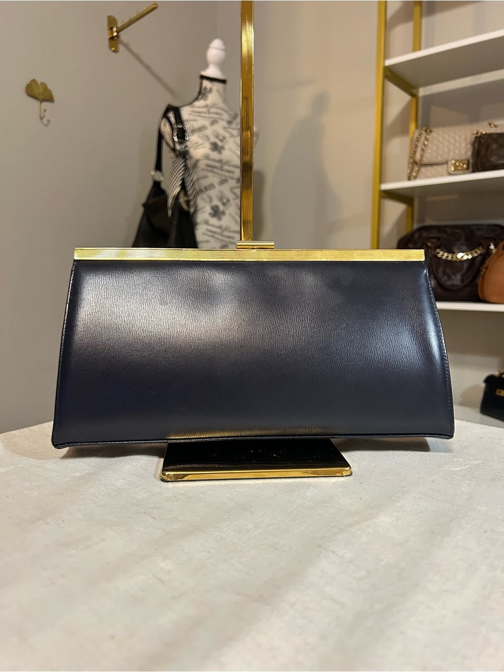Stunning Vintage Dofan Navy Clutch with Gold Trim